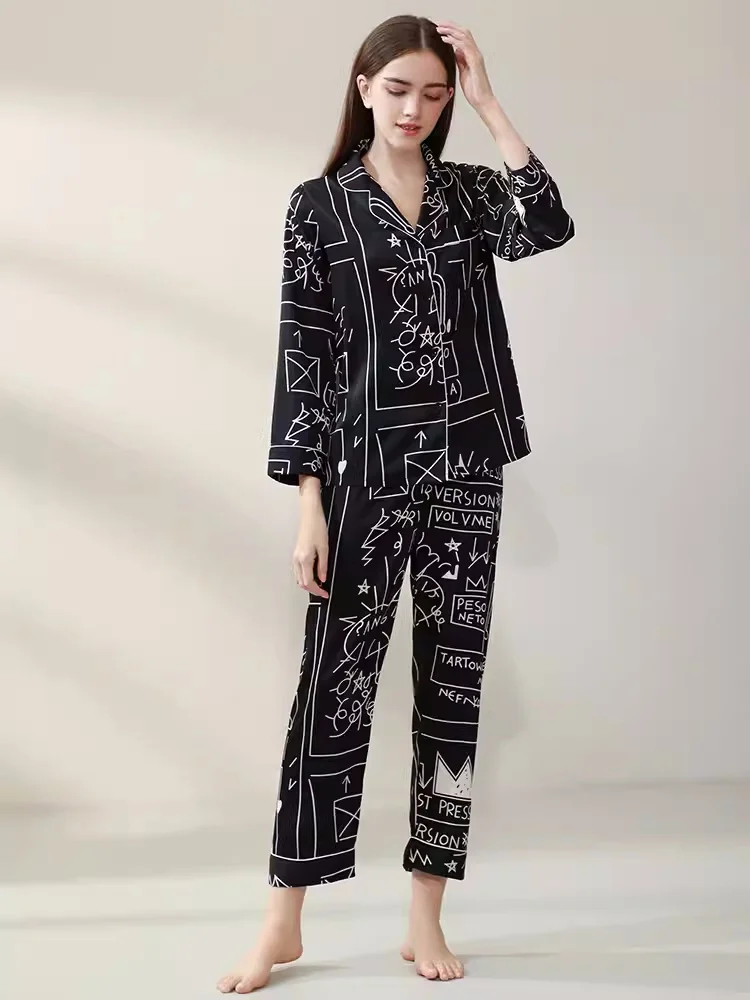 Black Geometric 100% Mulberry Silk Womens Pajama Set Sleeping Pajamas for Women Real Silk Pyjama Sets Shirts and Pants 2pcs