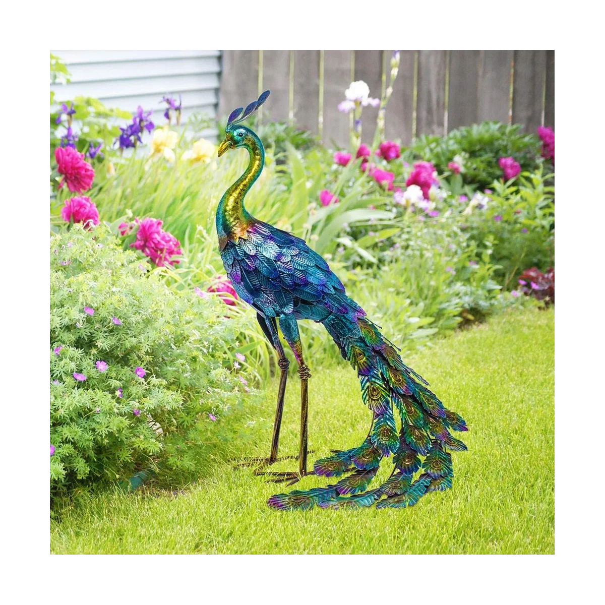 Multicolor Metallic Peacock Statue Metallic Peacock Statue Outdoor Garden, Patio, Deck, Porch-Yard Art Decoration