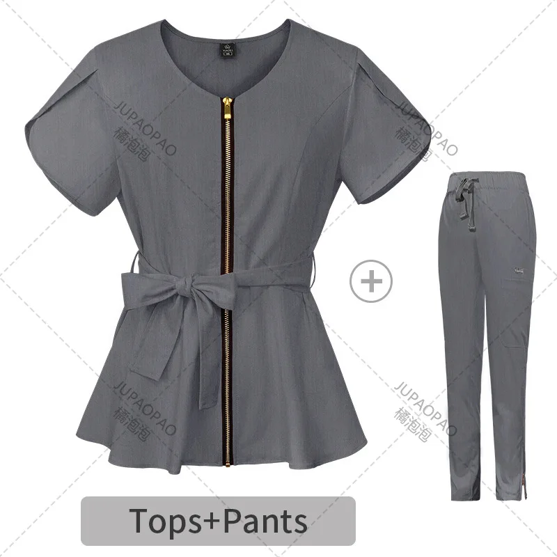 Uniforme de enfermería, ropa de trabajo, Tops y pantalones, traje de enfermera de Color sólido, blusa de bolsillo de manga corta, ropa de trabajo de odontología y farmacia