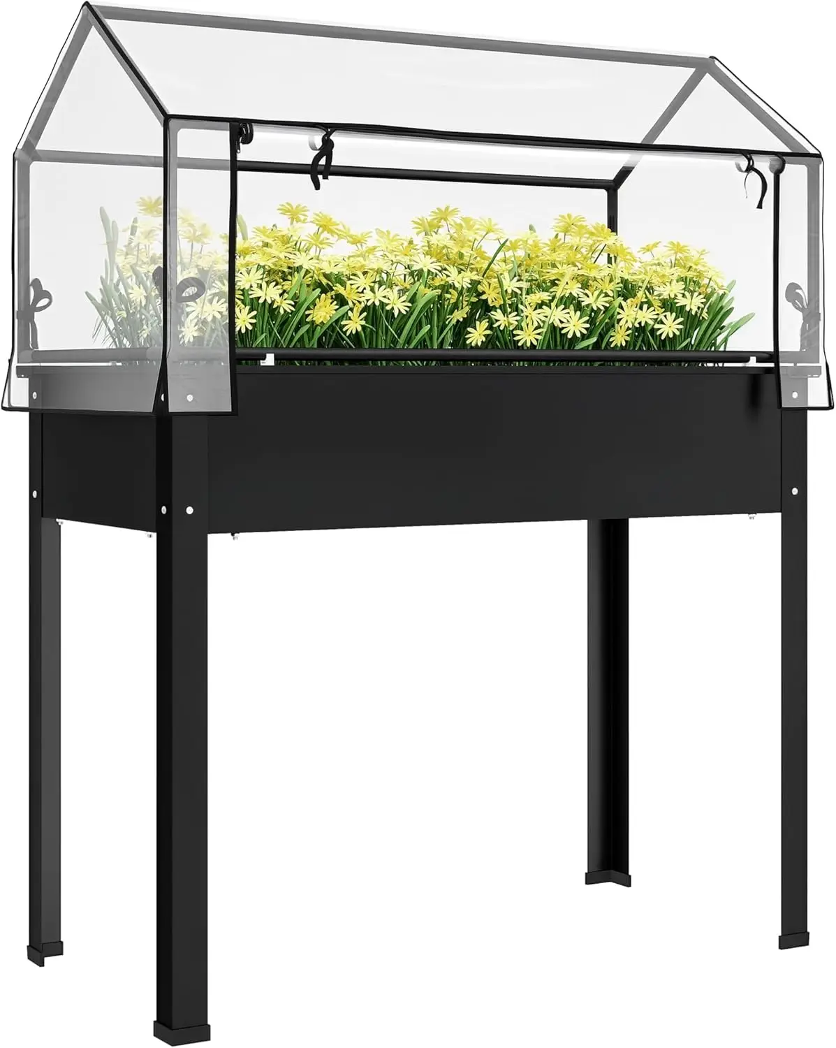 

Raised Garden Bed with Flip-Up Greenhouse Cover, Elevated Planter Box with Legs and Drainage Hole for Vegetables Flowers