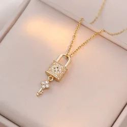 Fashion Vintage Creative Zircon Key Lock Pendant Necklaces for Women Classic Stainless Steel Chain Jewelry Gifts for Lover