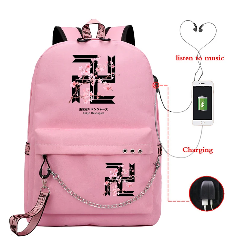 Girls School Bag Tokyo Revengers Cherry Blossom Anime Bookbag Backpack Usb Charging Teenager Girl Manga Schoolbag Mochilas