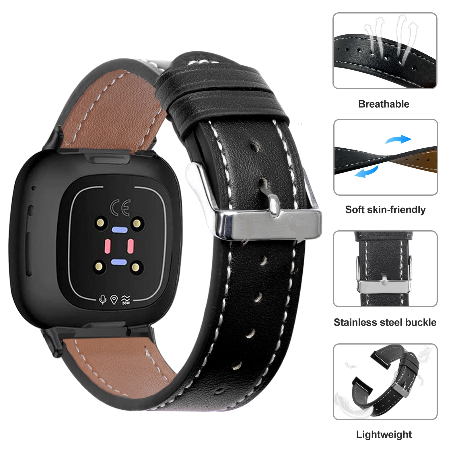 Leather Strap for Fitbit Versa 3 Women Men Watch Replacement Bracelet Strap Belt for Fitbit Versa sense bands