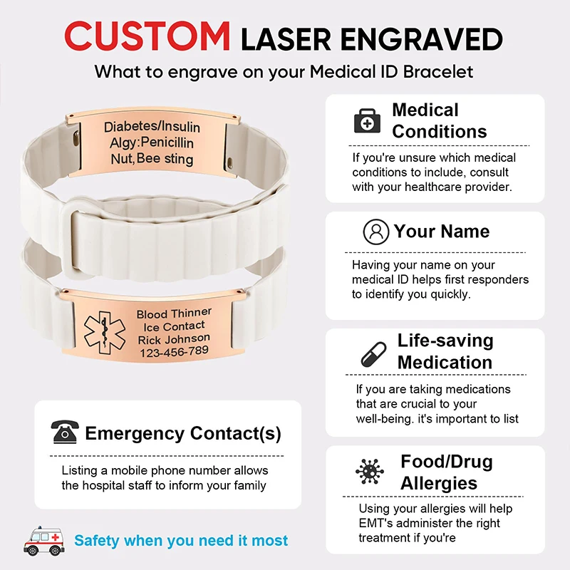 Custom Medical ID Bracelet for Men Women Custom Engraved Silicone Strap Comfort Fit Medical Alert Waterproof Bracelet for Sports view 6