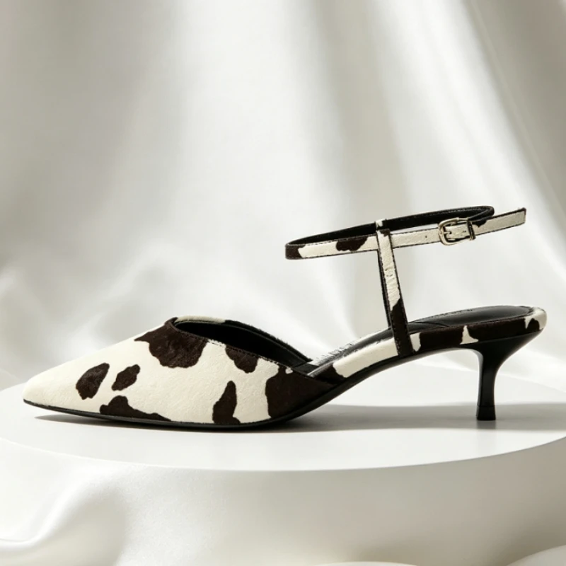 Designer Ankle Strap Kitten Heel Sandals Woman Autumn New Cow Pattern Pointed Toe Pumps Sexy Slingback Party Dress Shoes