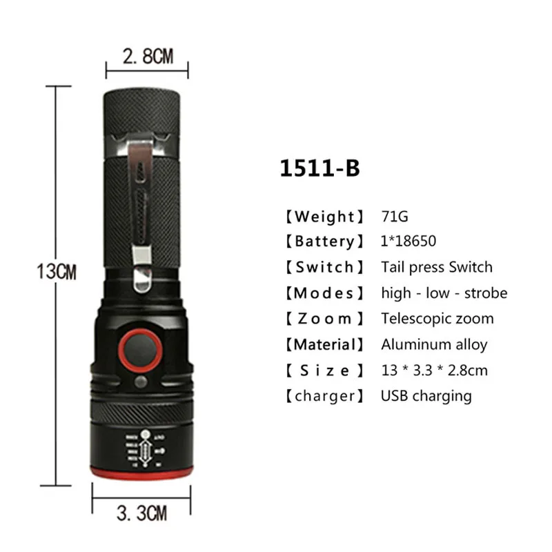 USB 충전식 줌 가능 LED 손전등, 토치 램프 랜턴, 18650 방수 LED 자전거 손전등