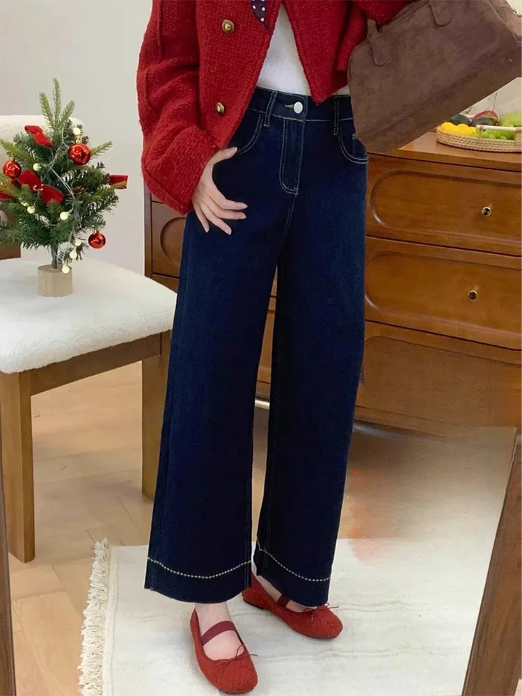 

Прямые синие джинсы с высокой талией, женские свободные широкие брюки, повседневные джинсы больших размеров, осенние новые модные утягивающие джинсы