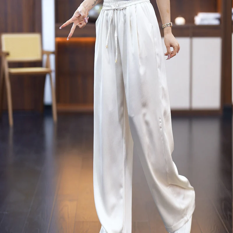 Summer Solid Color Elastic Waist Wide Leg Trousers Women High Street Casual Loose Satin Face Pockets Drawstring Patchwork Pants