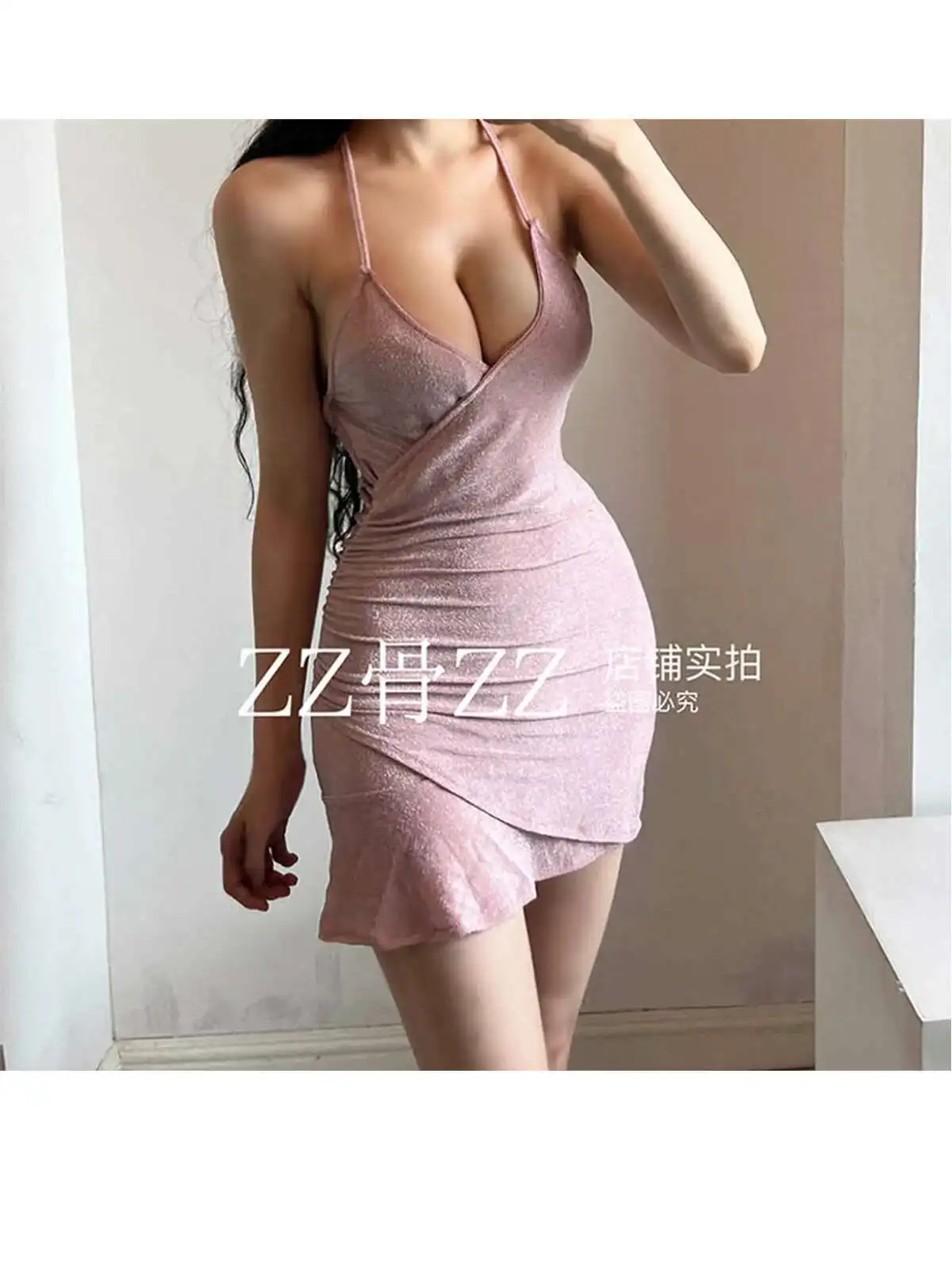Sexy Sommer Neue Rüschen Hängenden Hals Stil Backless V-ausschnitt Unregelmäßigen Hause Nachthemd Kurzes Kleid Elegante Rosa Süße Tops M9FD