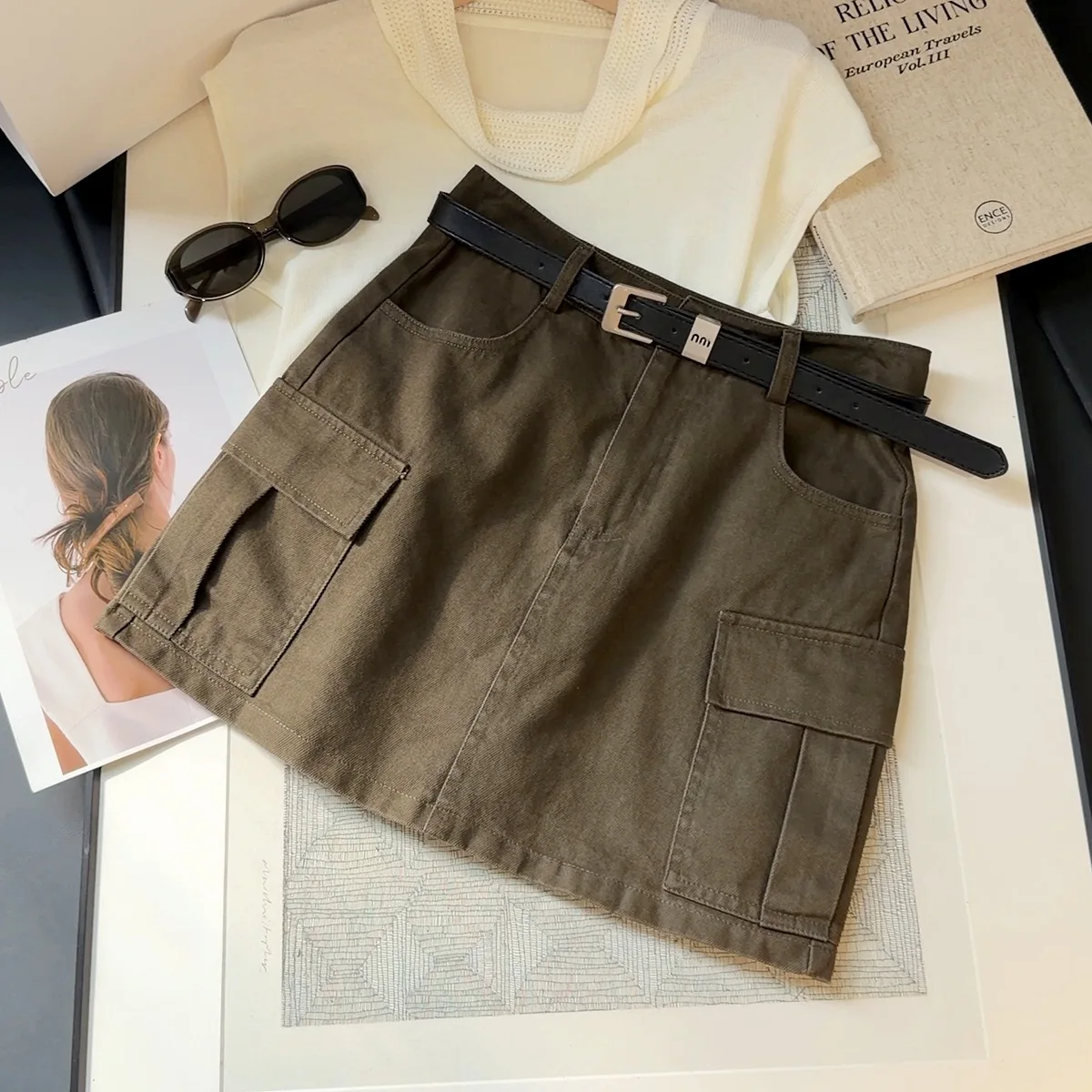 Retro Multi-pocket Tooling Cargo Skirt Women's Autumn New Casual High Waist A-word Denim Hip Skirt