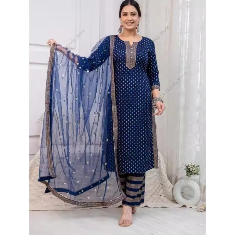 Women's Indian Ethnic Print 3-Piece Kurta Set Mid-Length Cotton Suit with Palazzo Dupatta - view 5