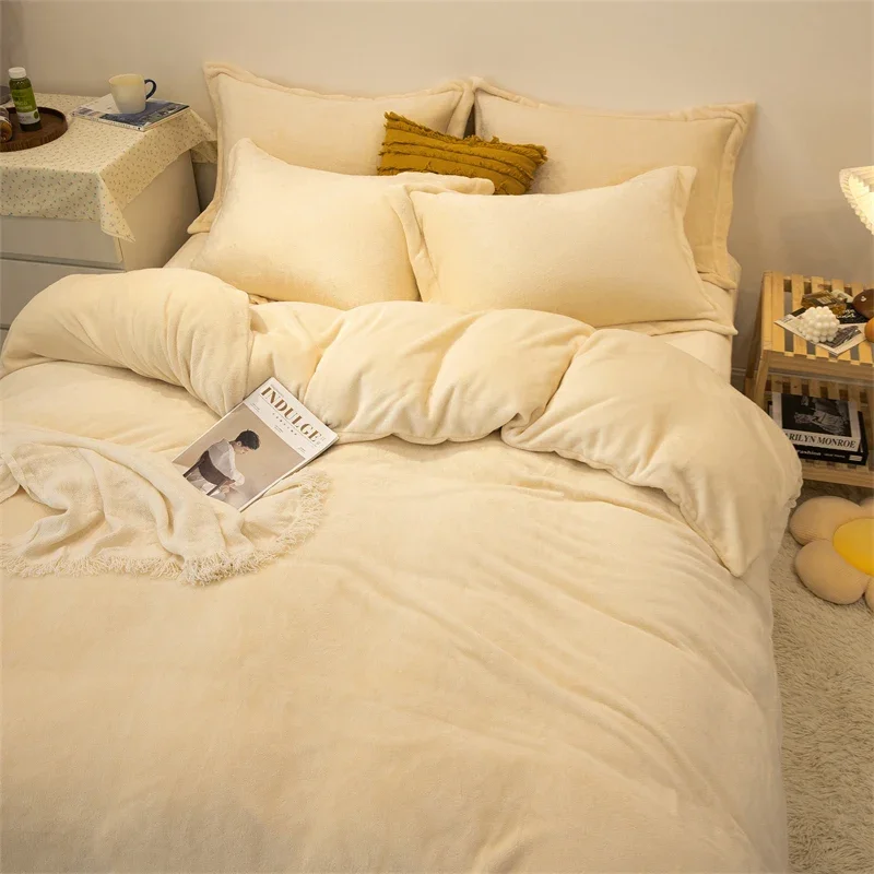 150/180/200CM Beige Coral Velvet Bed Sheet Duvet Cover Pillowcase Four-piece Winter Autumn Bedding Set M045-8