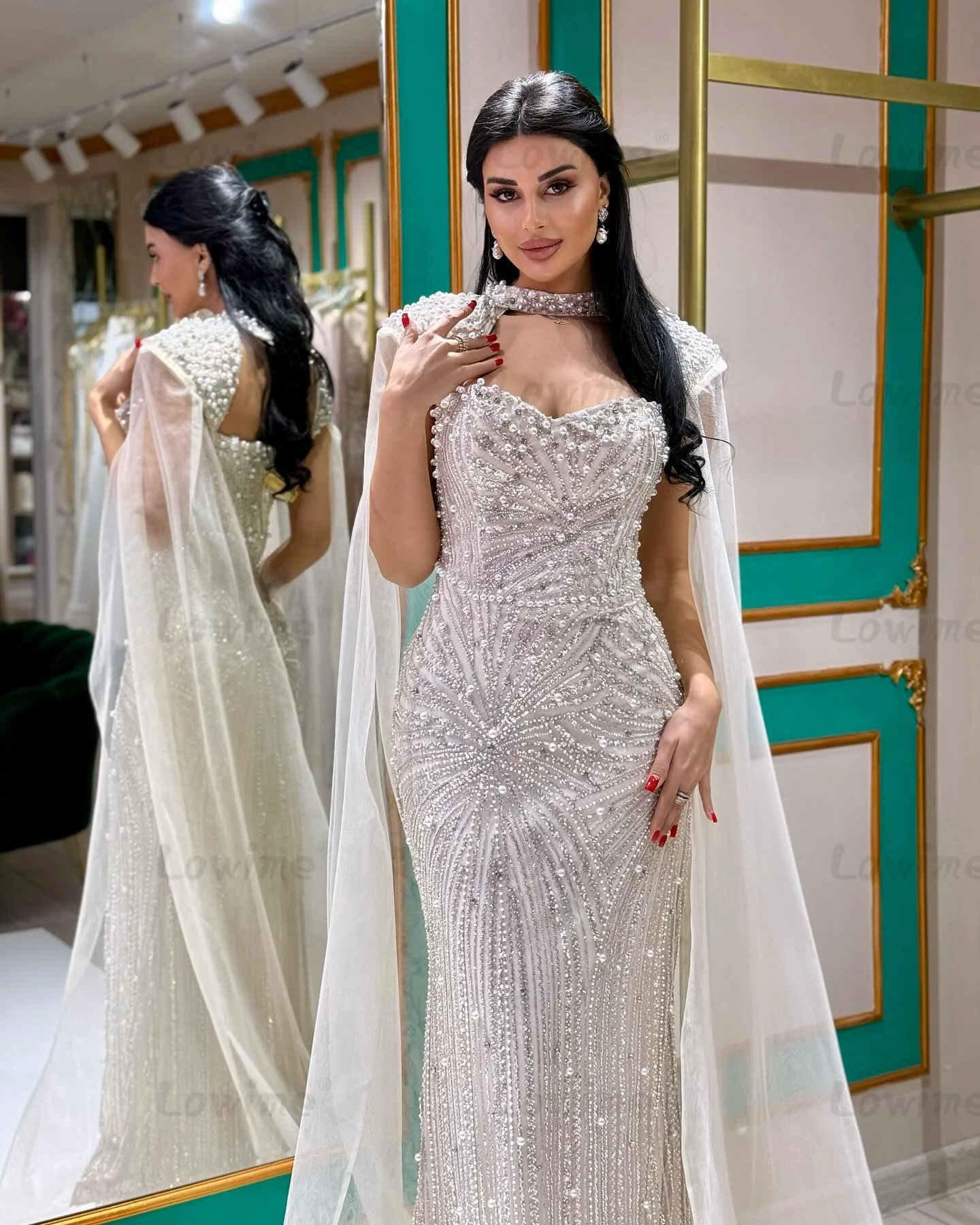 Vestidos de Noche árabes con mangas de capa de marfil y perlas elegantes, vestido de fiesta de boda personalizado con cuentas de Dubái para mujer, vestidos de graduación 2 en 1