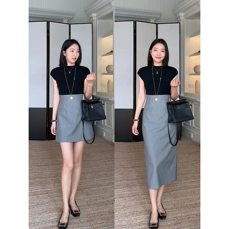 

Slimming Knitted Half Skirt Short Sleeve Summer Versatile Top Waist Cinching Wool Blend Fashion Set for Women Commute Style