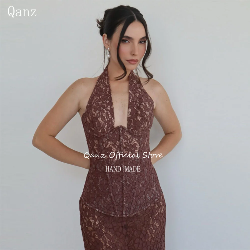 

Qanz Brown Lace Prom Dress Mermaid Halter Neck Elegant Evening Dresses Women Corset Back 2 Pieces Robe De Soirée Customized