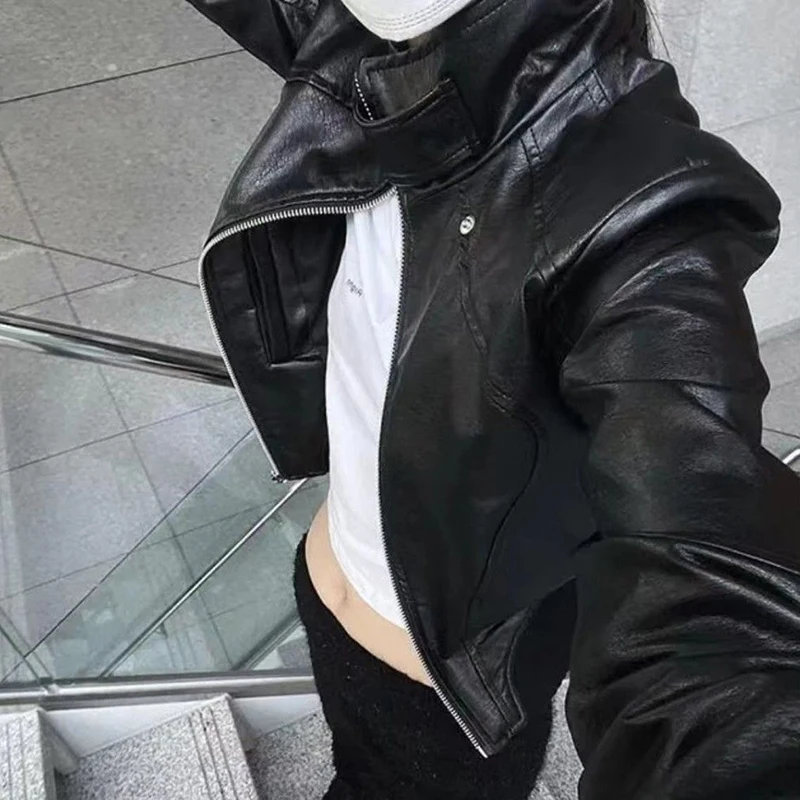Giacca da donna vintage americana in pelle PU colletto alla coreana da motociclista capispalla a maniche lunghe Harajuku Y2K cappotto corto con zip punk sottile