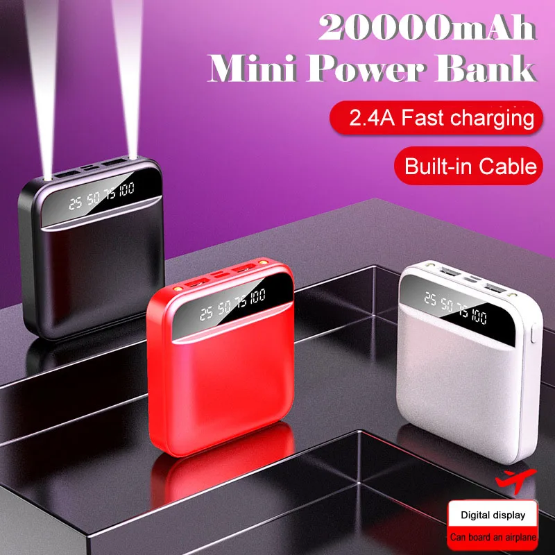 باور بانك صغير 20000/10000 مللي أمبير في الساعة شحن شاشة ديجيتال كابل مدمج إضاءة LED بنك طاقة محمول لهاتف آيفون وسامسونج وشاومي #1