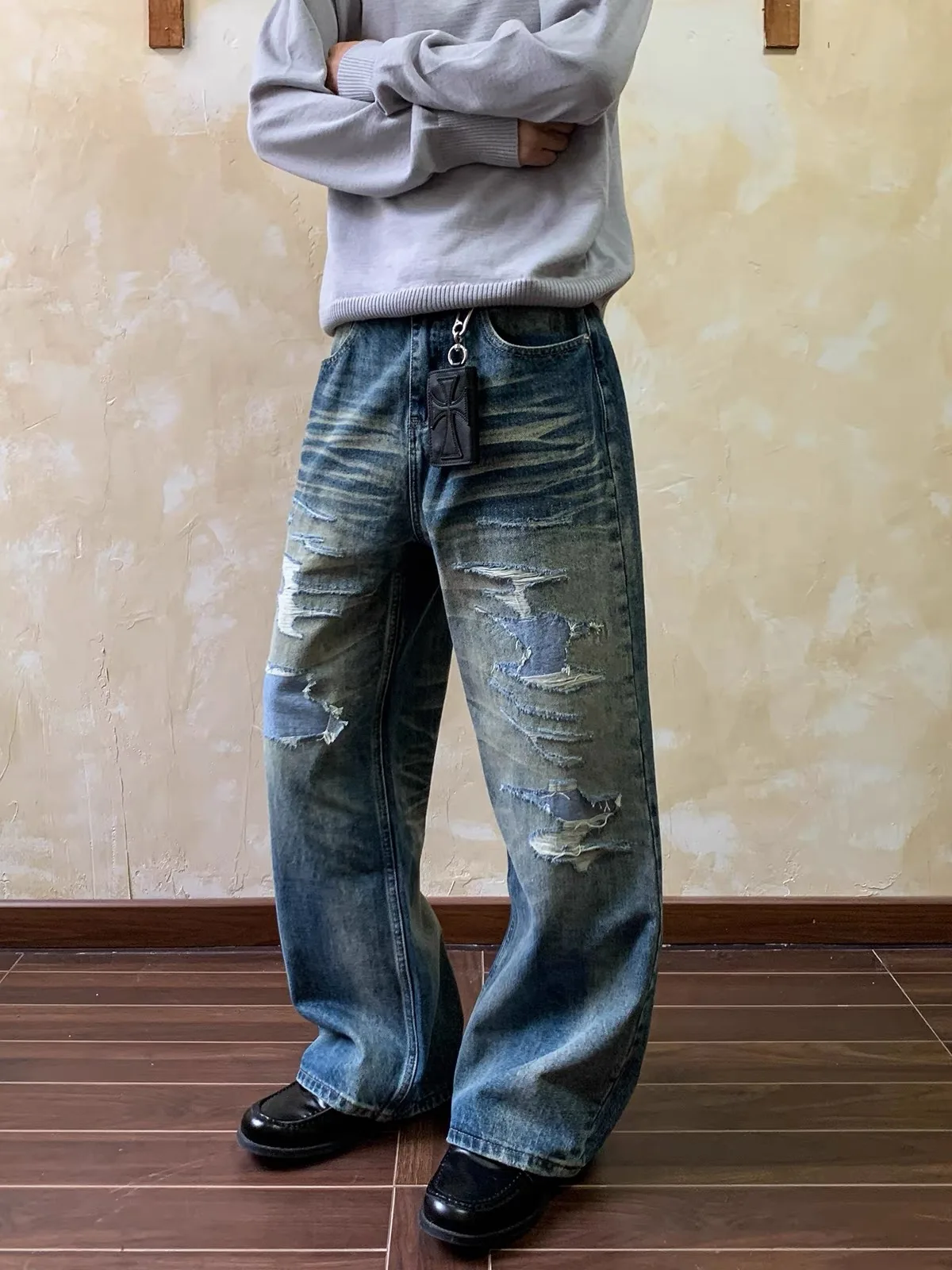 

American Waed Faux Hole Jeans Men Casual Loose Straight Leg Slimming Long Pants Cleanfit Versatile Comfortable Summer Jeans