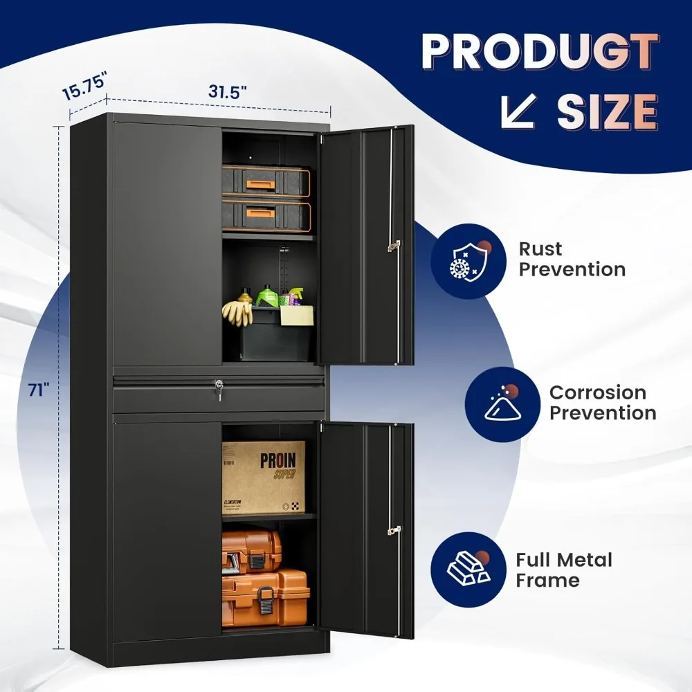 خزانة تخزين جراج معدنية مع أبواب قفل وأرفف قابلة للتعديل، خزانة تخزين أدوات مقاس 71 بوصة مع درج واحد للمرآب #3
