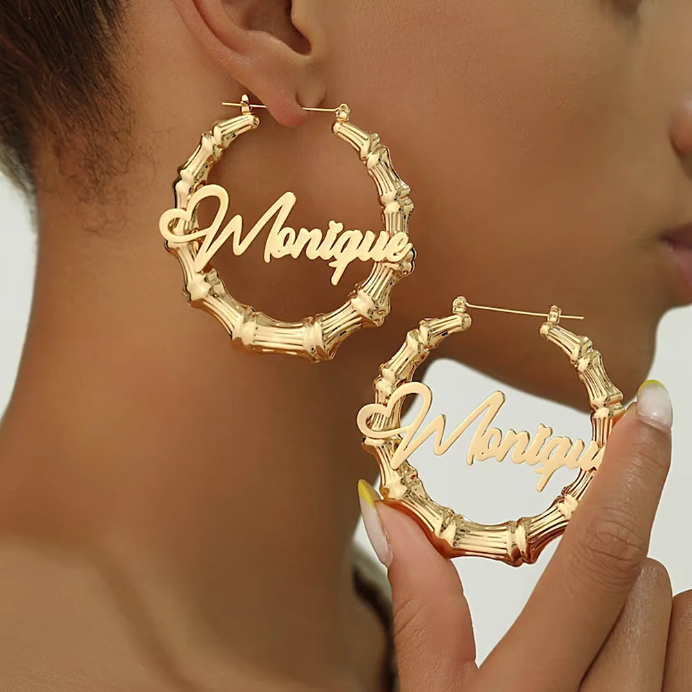 50mm-100mm Bamboo Bone Earrings Customize Name Earrings Hoop Bamboo Style Personality Stainless Steel Earrings Jewelry Gift