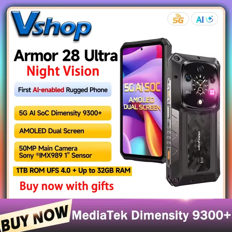 Прочный телефон Ulefone Armor 28 Ultra 5G AI, 16 ГБ + 1 ТБ, Android 14, смартфон AMOLED, 6,67 дюйма, 10600 мАч, аккумулятор, ночное видение, NFC
