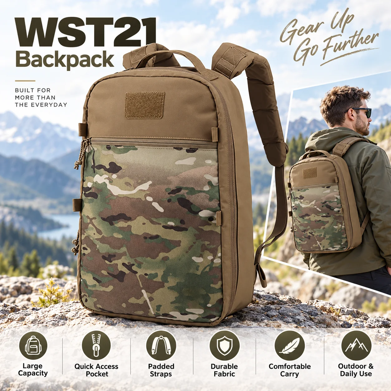 Tactical Backpack Large Capacity Travel Daypack Hydration Compatible Laptop Bag with Padded Straps and Organized Storage