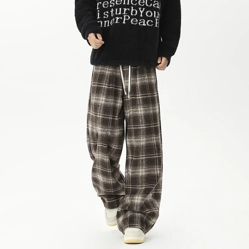 American Retro Checkered Casual Pants for Men Tide Wide Leg Casual Pants Hip-hop Streetwear Baggy Trousers