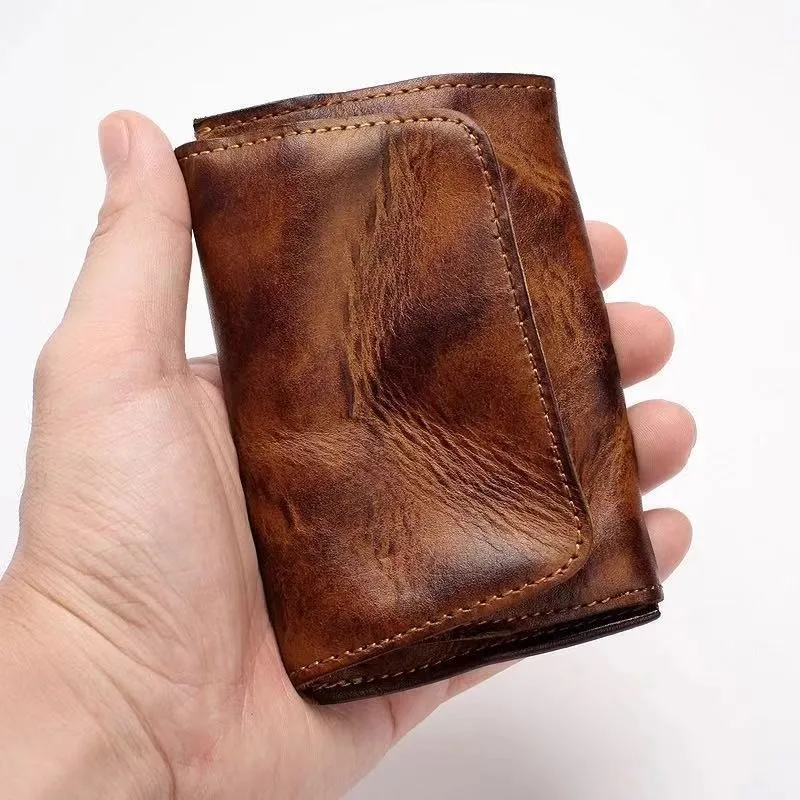 

High-End ort Leather Wallet Handmade Vintage Folded Cowhide Driver License Card Holder Retro Bifold Men's Wallet