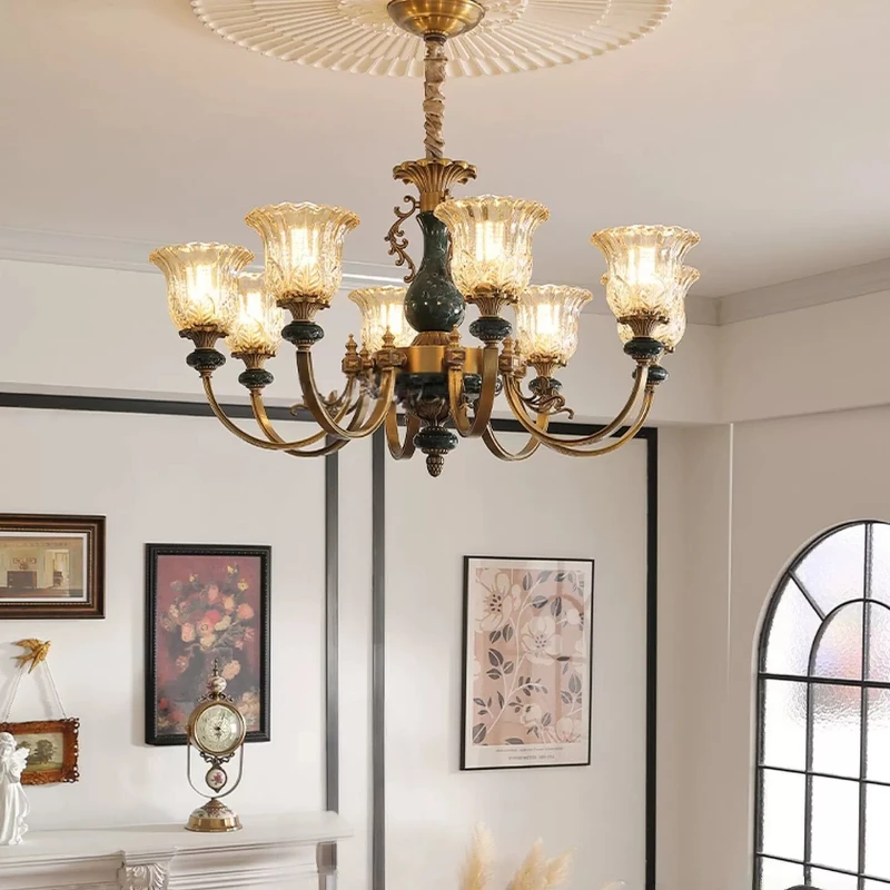 All copper retro living room light luxury chandelier high-end villa dining room light