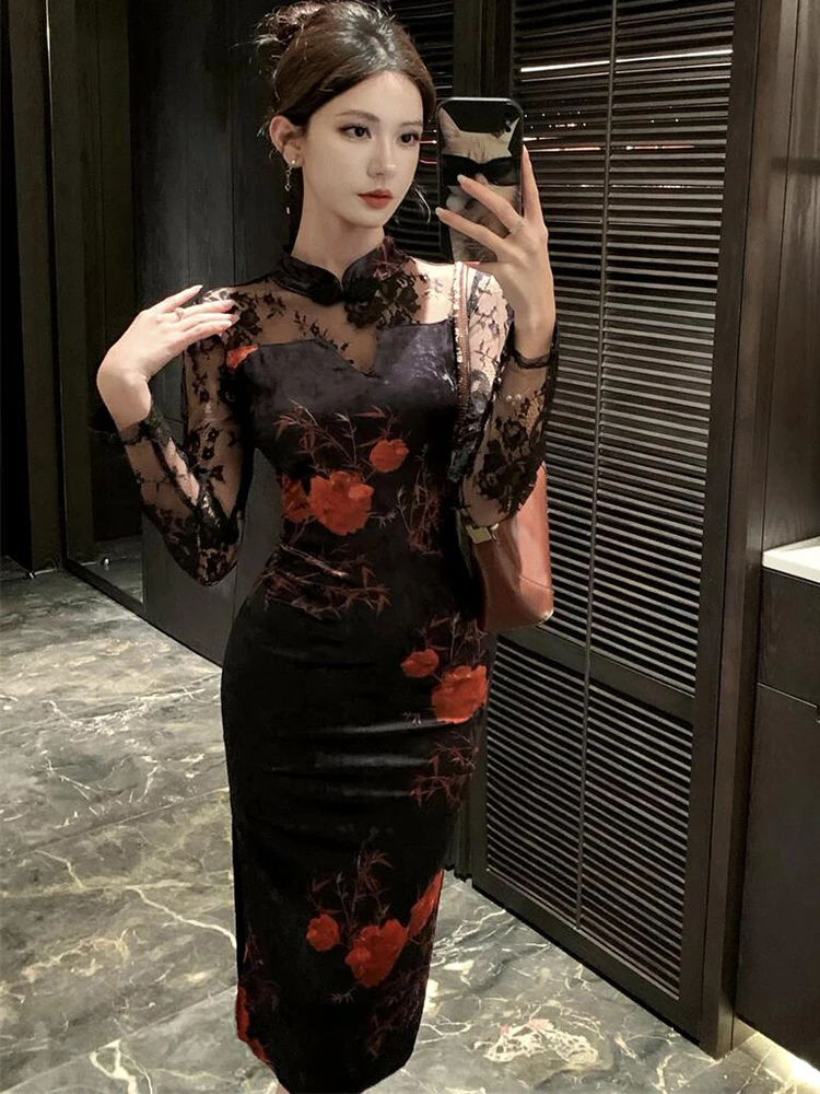 Automne hiver noir à fleurs velours Patchwork dentelle robe femmes à manches longues élégant pure robe Sexy 2025 coréen Vintage robe de bal