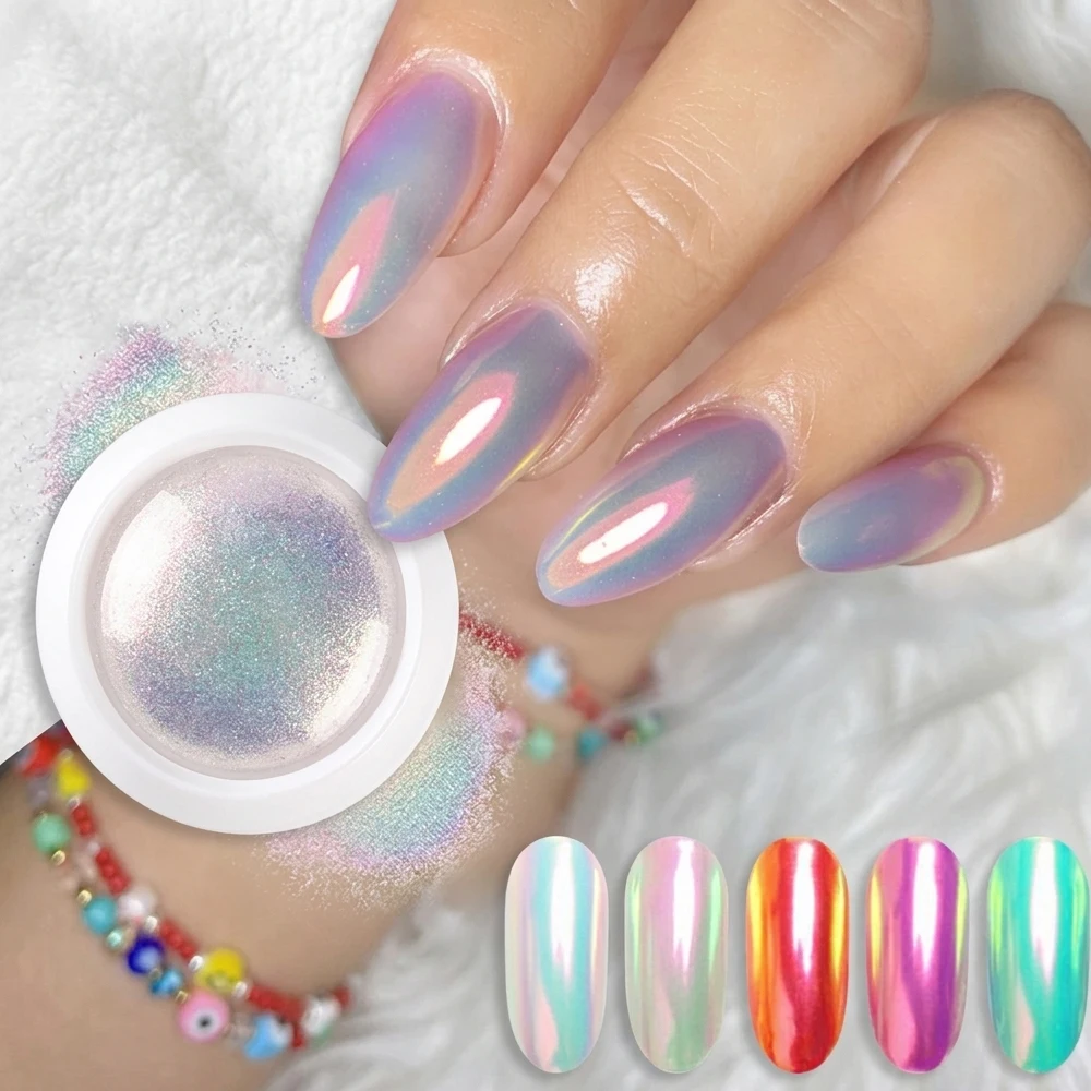 1Jar Neon Chrome Nail Powder Pink Aurora Mermaid Mirror Effect Rubbing Pigment Dust For UV Gel Polish Summer Pearl Nail Glitters