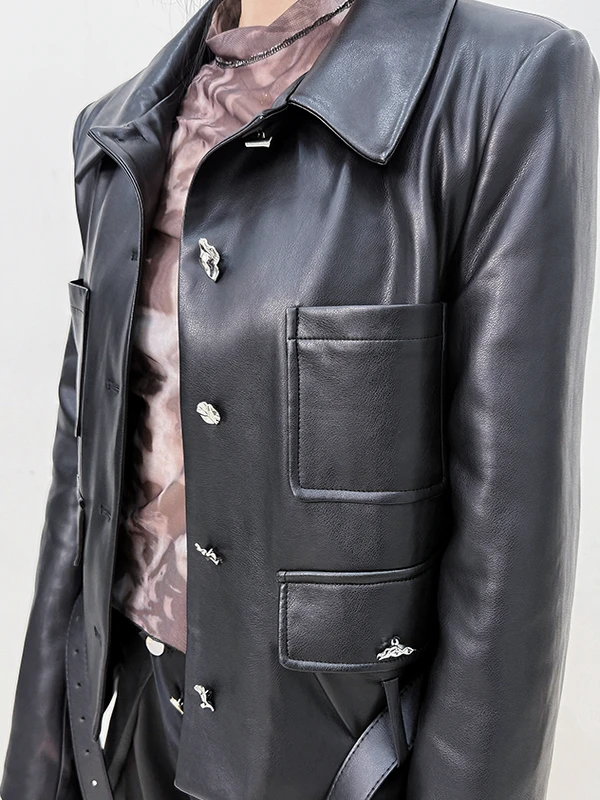 جاكيت نسائي قصير أصلي من يبوبايبي، مصنوع من الجلد المقوى بالقطن، أسود اللون، مناسب للشتاء، بتصميم عصري وأنيق، قصة قياسية