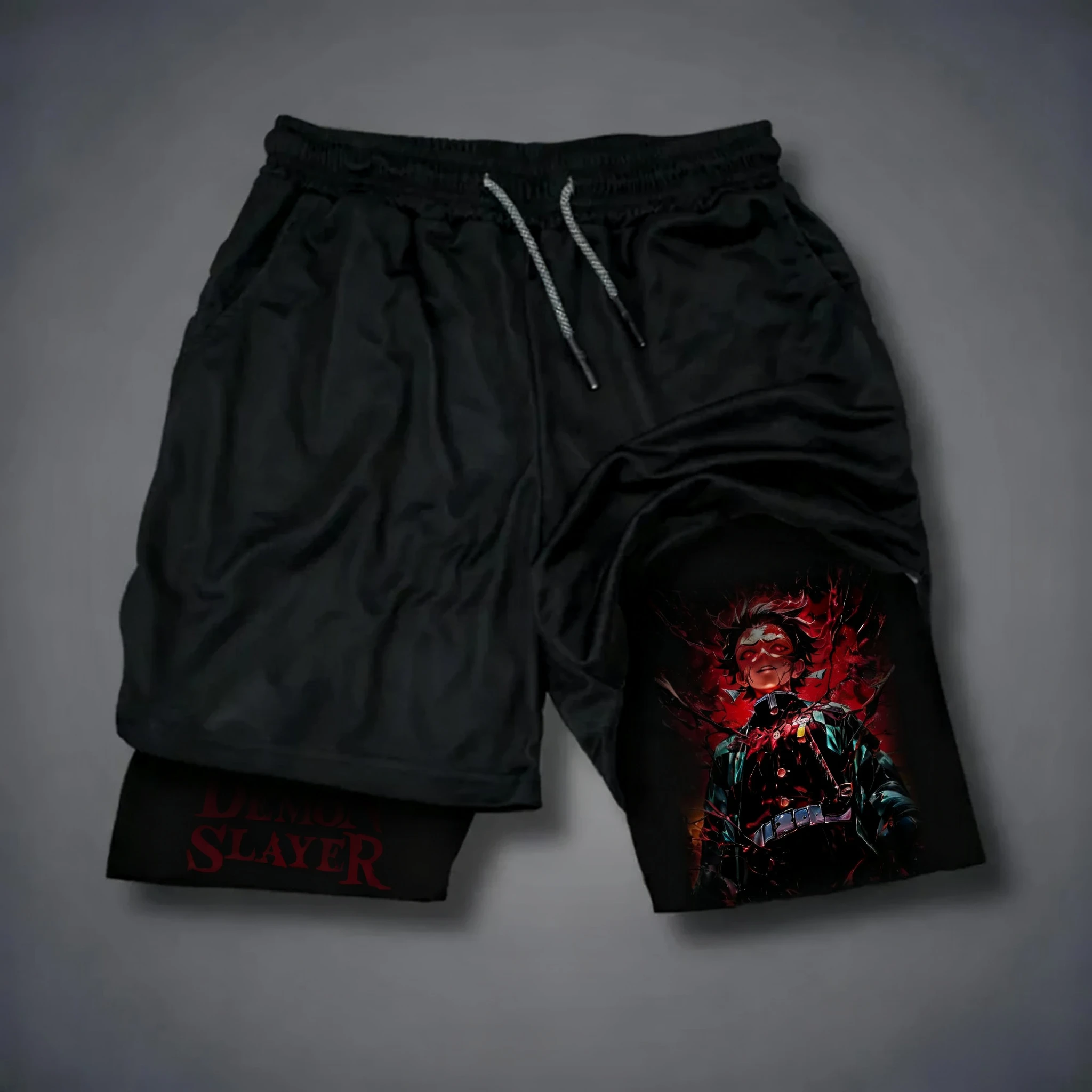 Pantalones cortos de doble capa con estampado de anime Demon Slayer, pantalones cortos deportivos americanos de verano para fitness, sueltos y de moda para hombres y mujeres