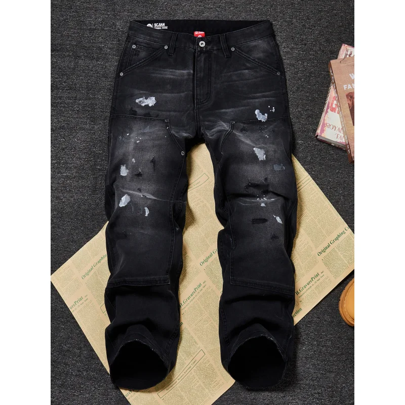 

American Vintage Washed Distressed Cargo Jeans Men Loose Straight Denim Patchwork Streetwear Long Pants