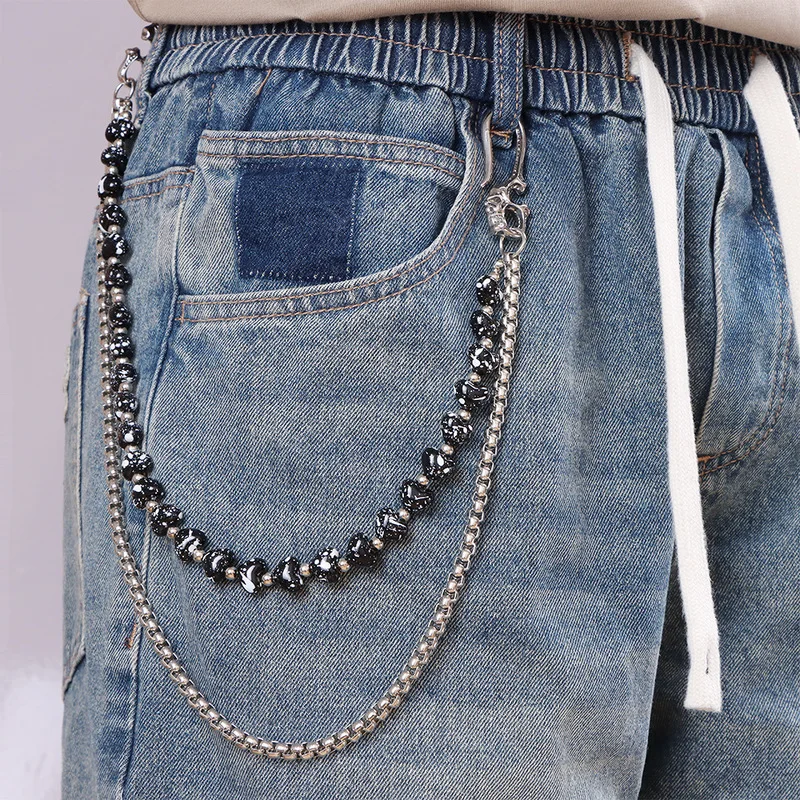 Black Pattern Bead Pants Chain Unisex Waist Chain Double‑Layer Metal Jeans Hanging Ornament Hip‑Hop Street Decor Accessory