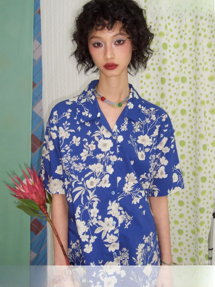 

Chemical Girl Pure Cotton ort Sve T-irt Blue Printed Loose Women's irt Summer New Arrival Comfortable Breathable