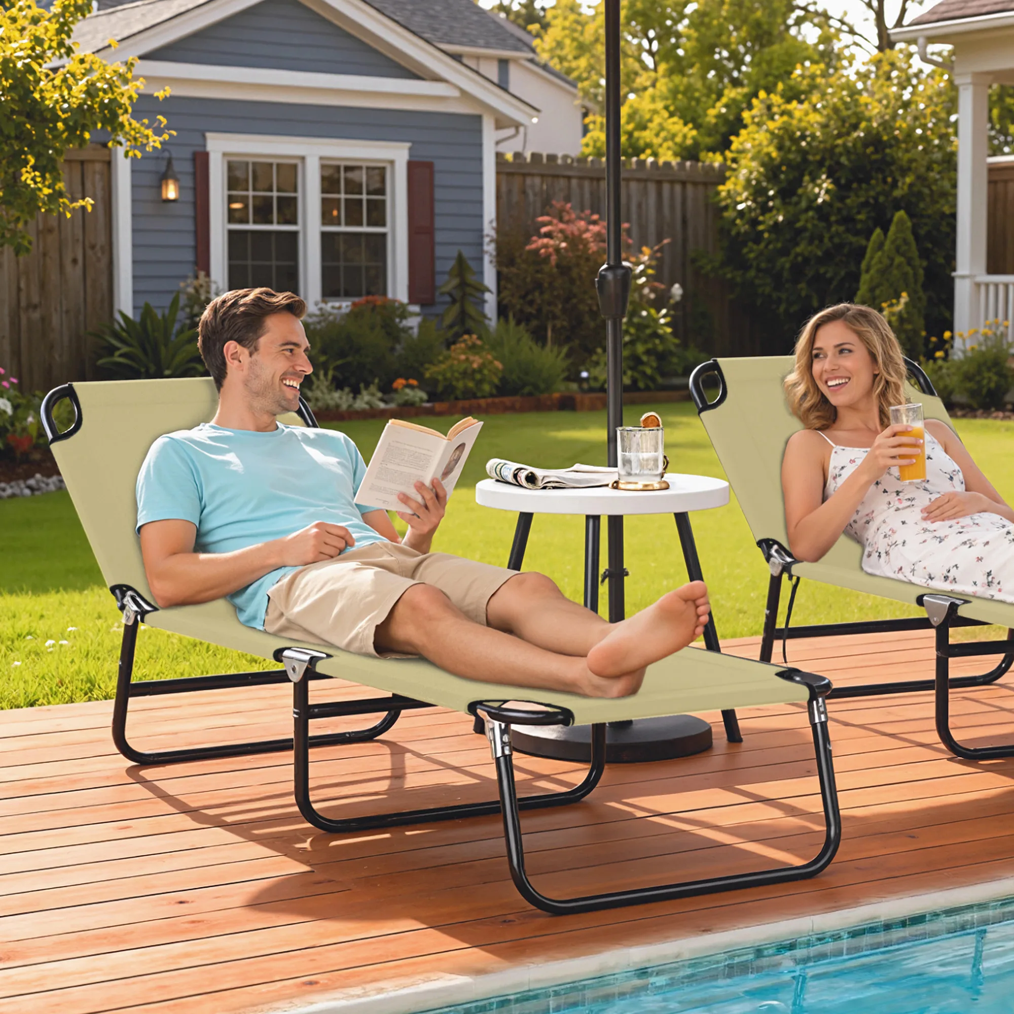 5-Position Adjustable Poolside Lawn Lounge Chair, Beach Lounge Chair, Folding Sunbathing Lounge Chair