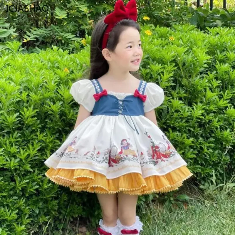 

2025 Lolita Girl Dress Bubble Sleeves Kids Girls Princess Birthday Party Clothes High Quality Clothes Bow Elegant Children Frock