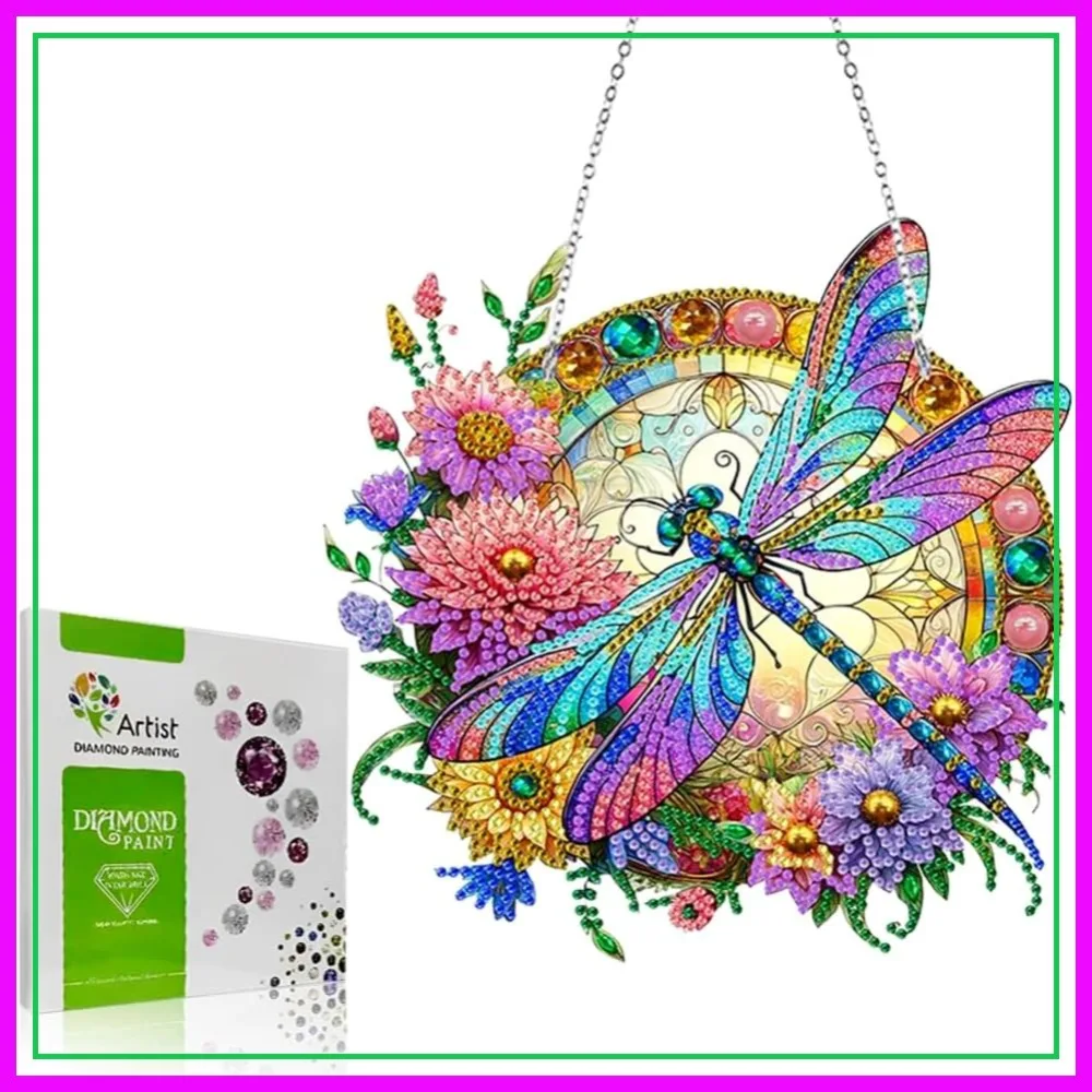

Diamond Painting Hanging Pendant Kit for Adults, Flower & Dragonfly Double-Sided Pattern, Window Ornament, Home Decoration Gift