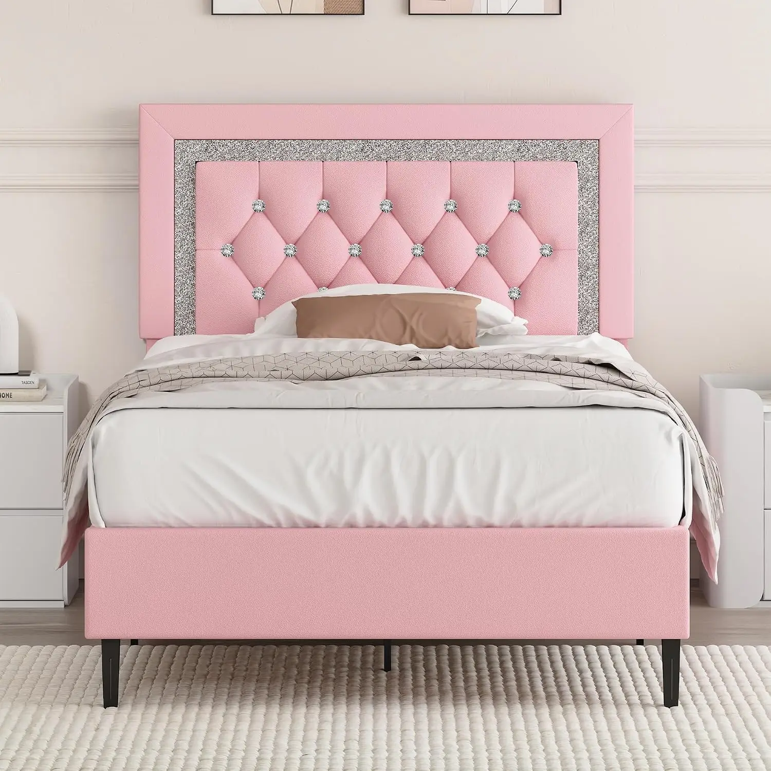 Twin Bed Frame Tufted Button Headboard Black Upholstered Platform Diamond Design Wood Slat Support No Box Spring Needed Easy Ass