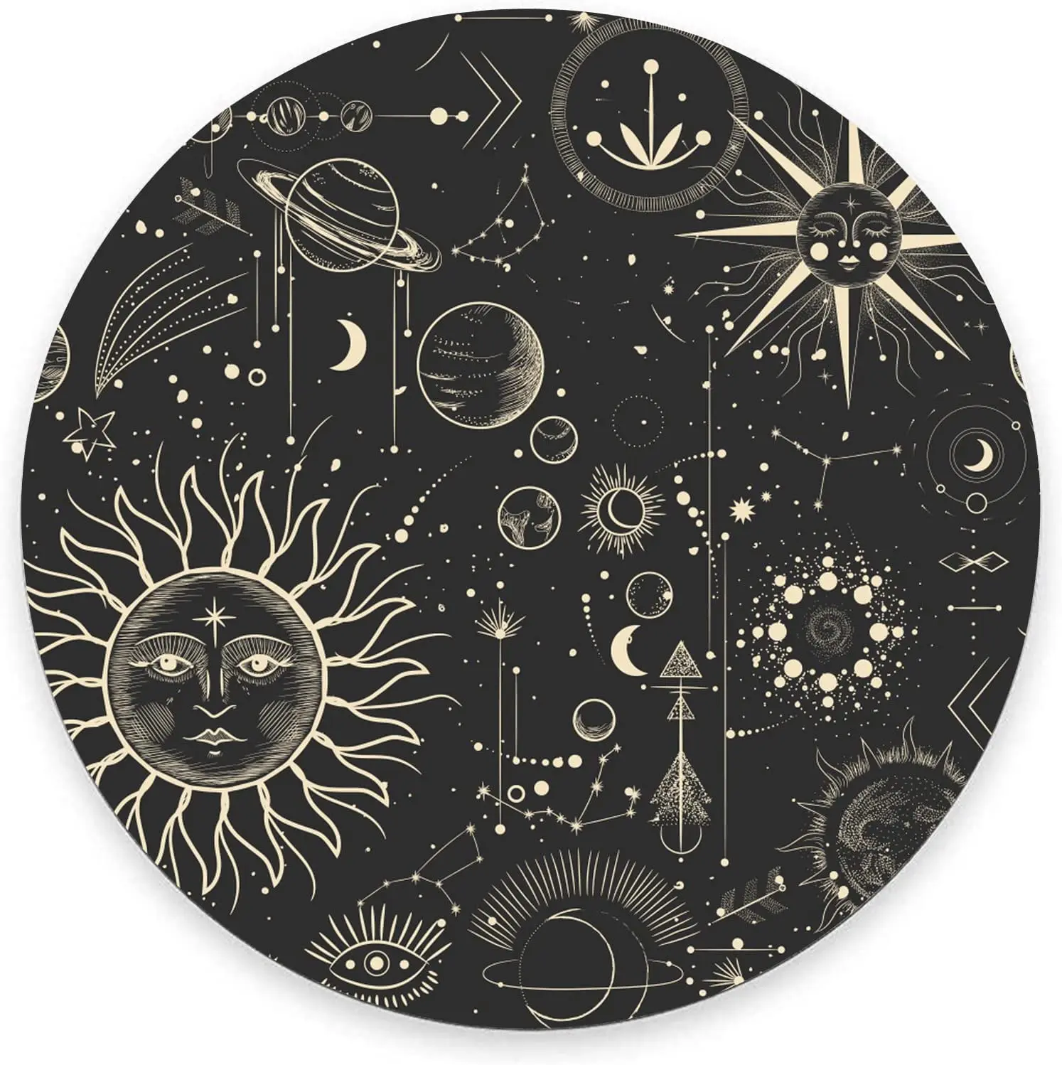 Round Mouse Pad Celestial Pattern Sun and Moon Mouse Pad Washable Gaming Wireless Mousepad with Lycra Cloth Non-Slip Rubber Base