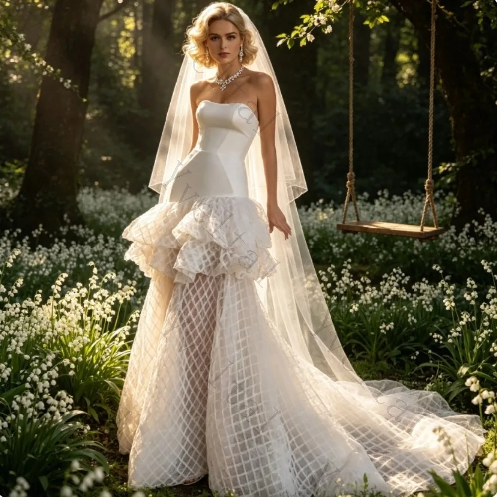Customized Graceful Charming Temperament Strapless Ruffled Romantic Wedding Dresses Grid-Patterned Church Mermaid Bridal Gown