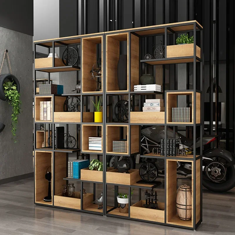 Loft wrought iron shelf floor-to-ceiling multi-layer bookshelf retro creative entrance industrial style bar restaurant