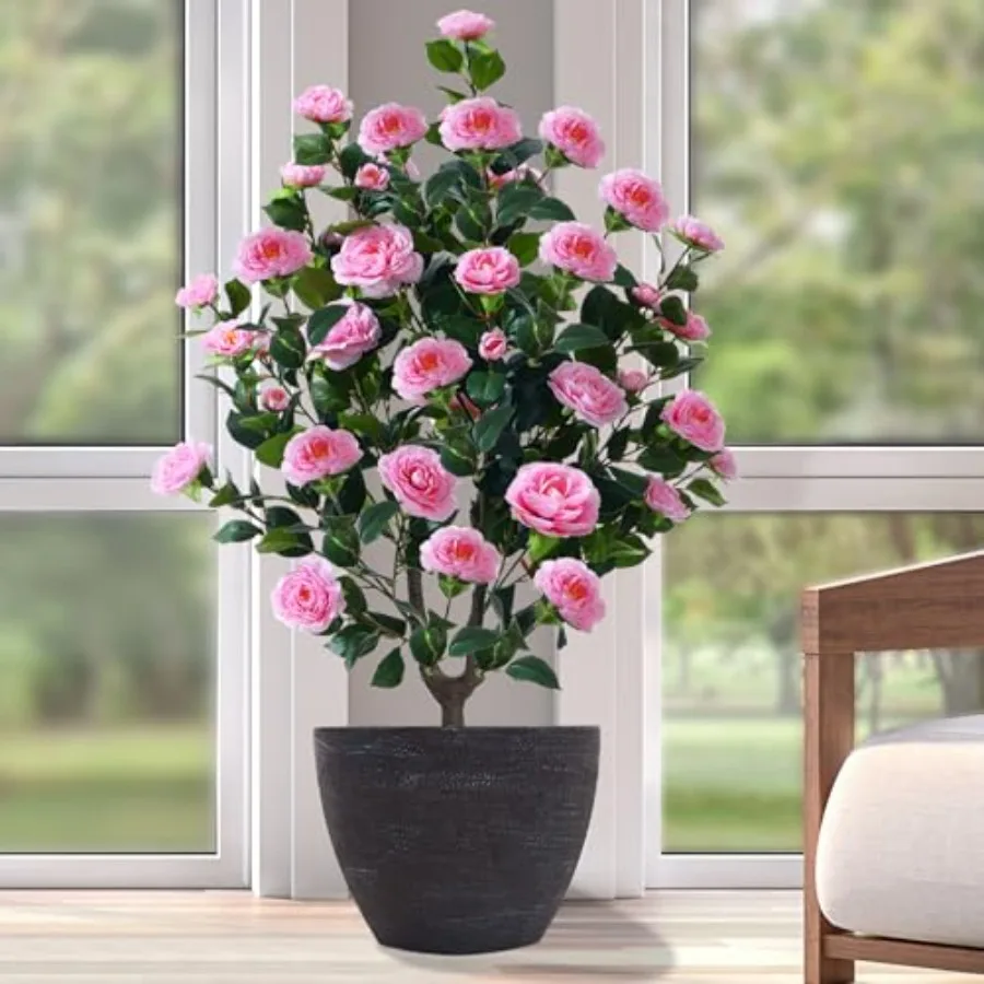 

38" Tall Artificial Camellia Tree Faux Plants Outdoor Indoor Fake Trees Potted Bushes Artificial Decor Plant with 32 Flowers De
