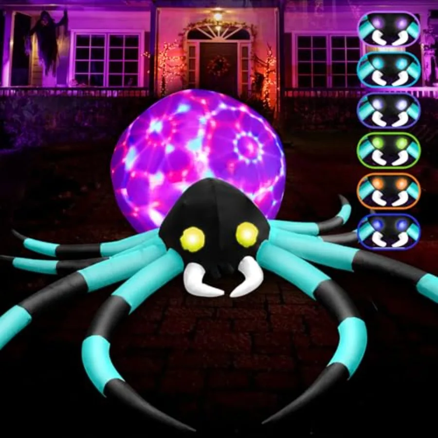 Outdoor Halloween decoration: cyan inflatable spider, 12ft giant, built-in 7-color-shifting eyes and 3-effect-flashing belly, w