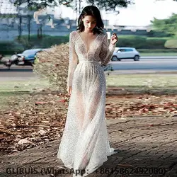 Vestido de noche largo transparente con cuello en V, vestido de lentejuelas, manga larga, lujoso, vestidos para fiesta de graduación