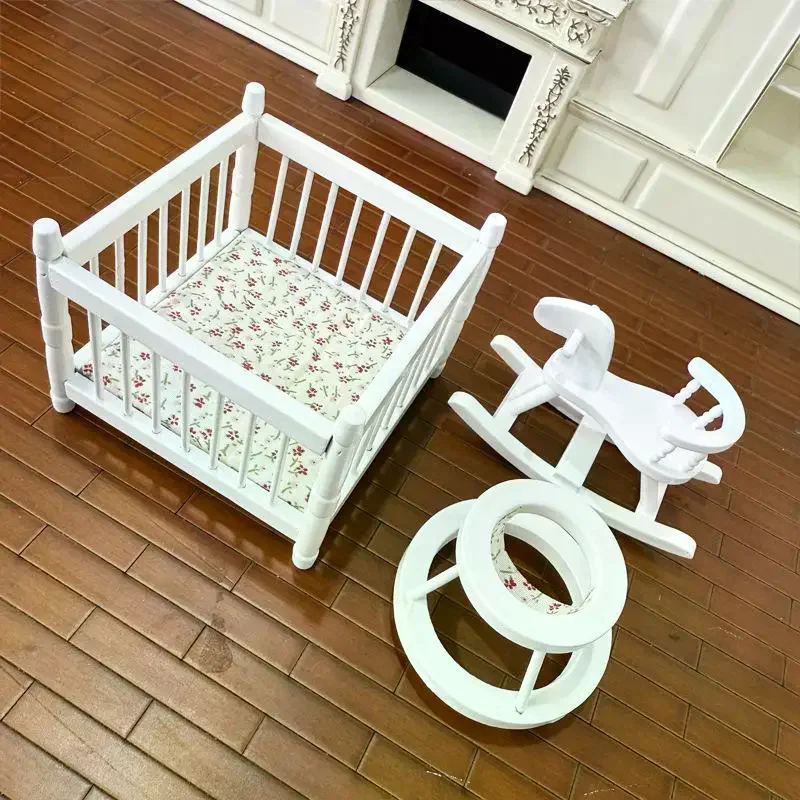 1:12 ドールハウスミニチュア プレイペン 子供用ベッド トロイの木馬 ベビーウォーカー 3点セット モデル ドールハウスデコレーション ごっこ遊びおもちゃ DIY