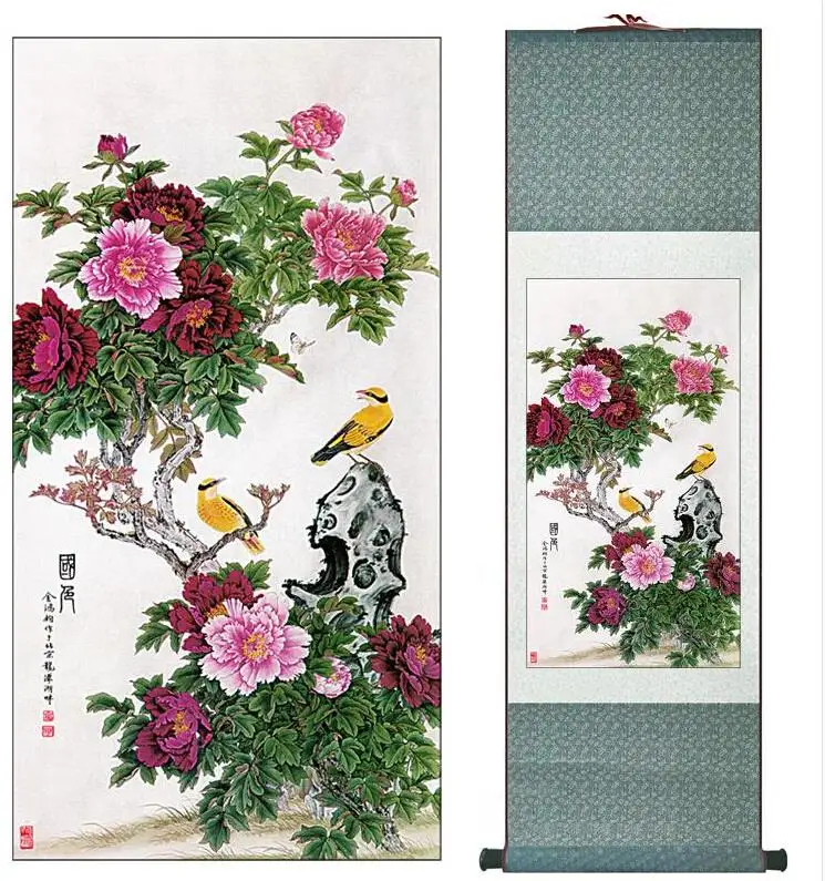 Pintura artística china para decoración del hogar u oficina, pintura china de oriole con flor de peonía, pintura impresa