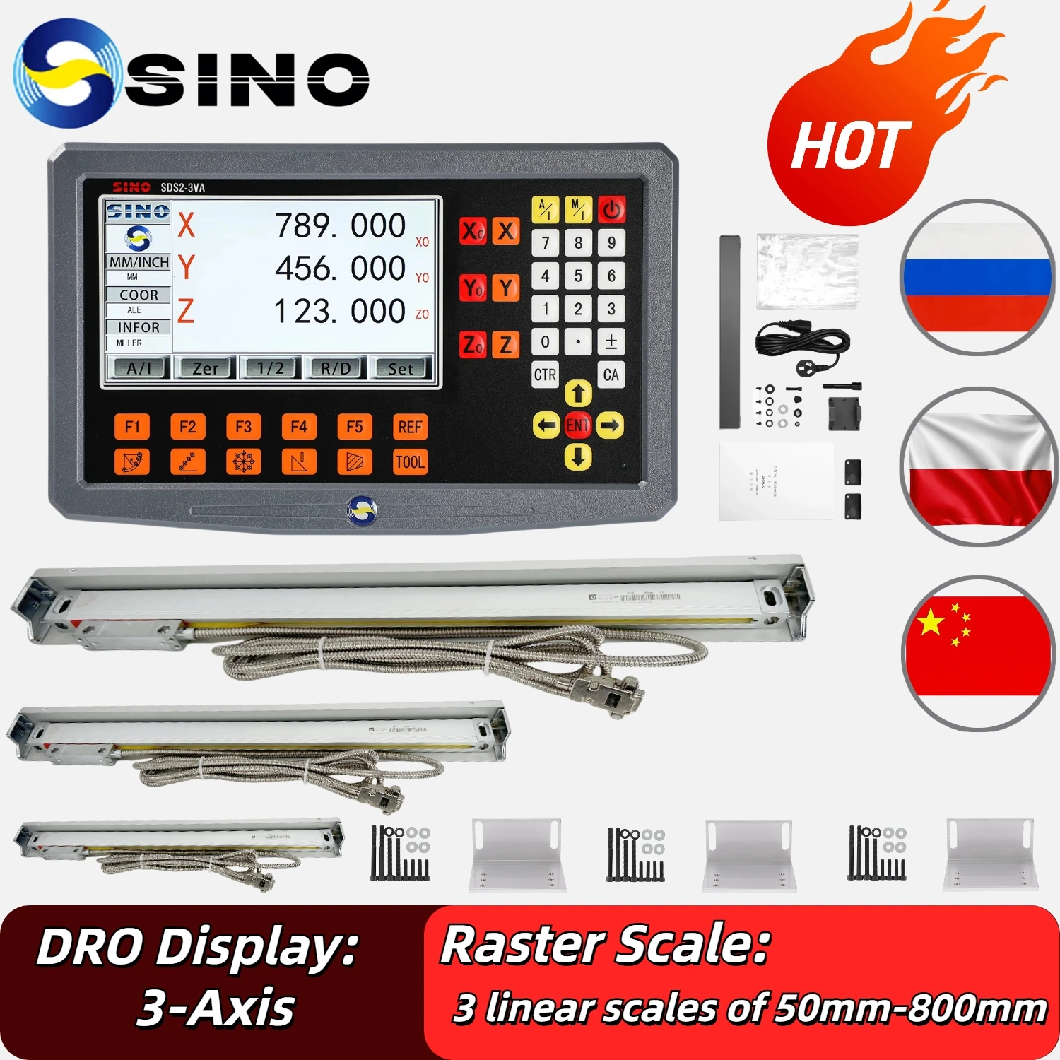 NEW 3 Axis LCD DRO Digital Readout Kit with 3pcs 1um or 5um DRO Linear Scale Grating Glass Ruler for Milling Lathe Tool SDS2-3VA