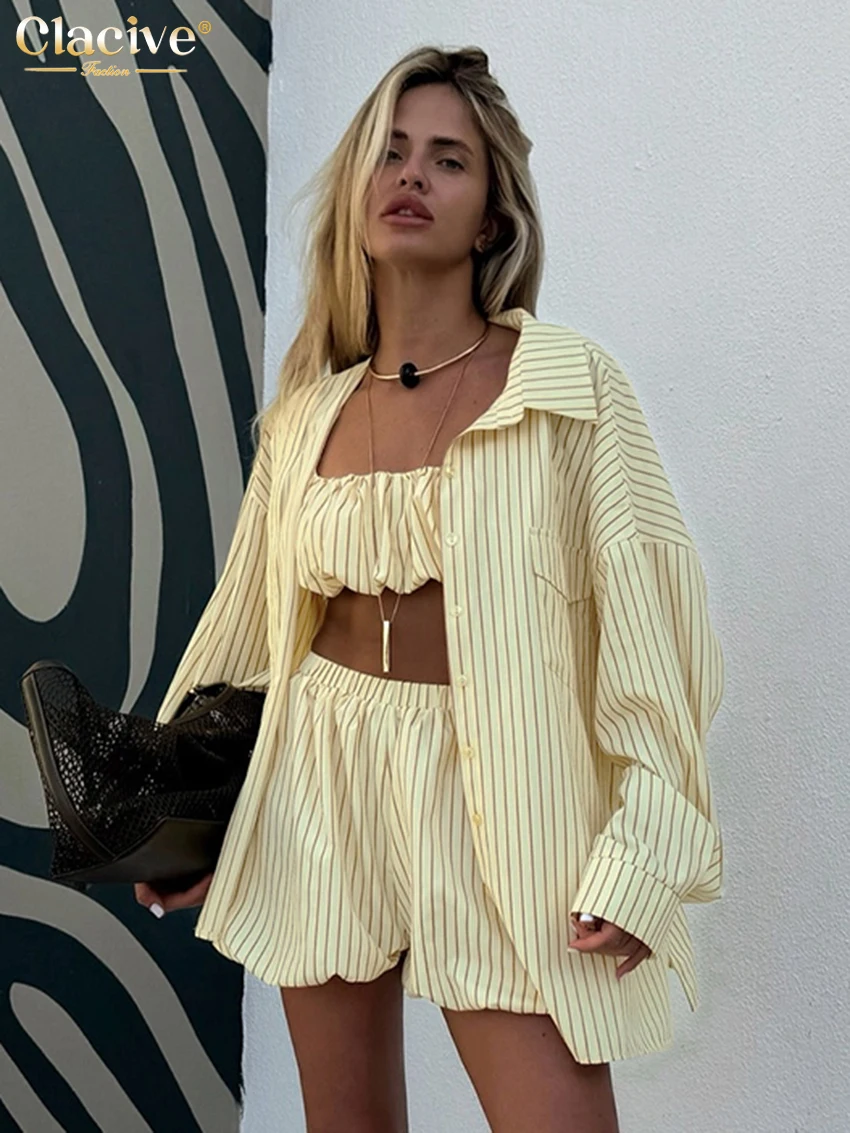 Clacive Fashion Loose Stripe Print 2 Piece Set Women 2025 Elegant Long Sleeve Shirt + Tube Top With High Waist Shorts Set Female